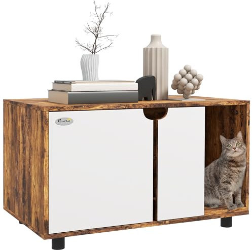 PawHut Hidden Litter Box, Cat Litter Box Furniture, 2-in-1 Design with Double Doors, Sand Drain Pad, for Indoor Use, 80 x 48 x 48cm - Rustic Brown
