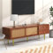 Meuble TV élégant avec Portes Coulissantes en Rotin Et Tiroirs Pratiques, Meuble en Bois Massif avec Pieds De Support, 160x40x60cm, Adapté Au Salon Familial