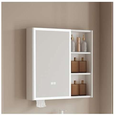 Badezimmer spiegelschrank mit Beleuchtung,Wandmontierter Badspiegelschrank,mit Intelligenter Antibeschlag/Touchschalter,Hängeschrank mit offenem Fach, eintüriger Hängeschrank fürs Bad(60X68CM)