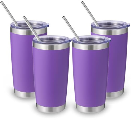 Volhoply 20oz 550ml Travel Insulated Tumbler with Lid and Straw Bulk 4 Pack, Double Wall Stainless Steel Coffee Mug Fits Cup Holder,Powder Coated Cups for Hot & Cold Drinks, BPA Free（Purple,4 Set）