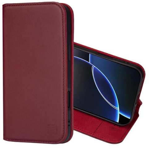 32nd Classic Series 2.0 - Real Leather Book Wallet Flip Case Cover For iPhone 16 Pro Max (6.9), With RFID Blocking Card Slot, Magnetic Closure and Built In Stand - Burgundy