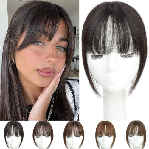 Fine Plus Topper für Frauen mit Pony 360 Haarteile Echthaar für Dünnes Haar 100% Echthaar Extensions mit Clip in Pony -Es ist natürlich schwarz