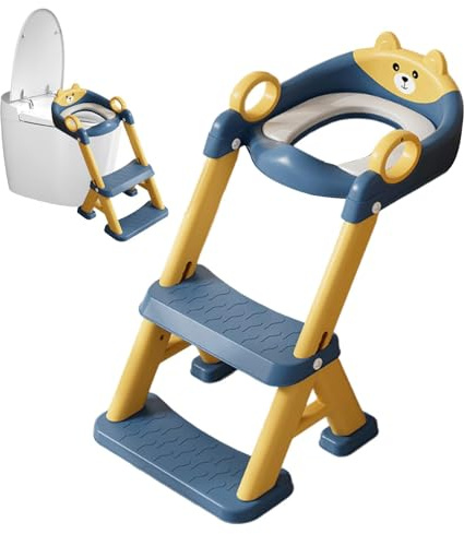 Adjustable Potty Ladder Seat for Toilet Training with Steps, Kids Potty Training Seat with Steps, Handle & Soft Cushion Design Non Slip & Space Efficient Foldable & Easy Assembly Splash Guard