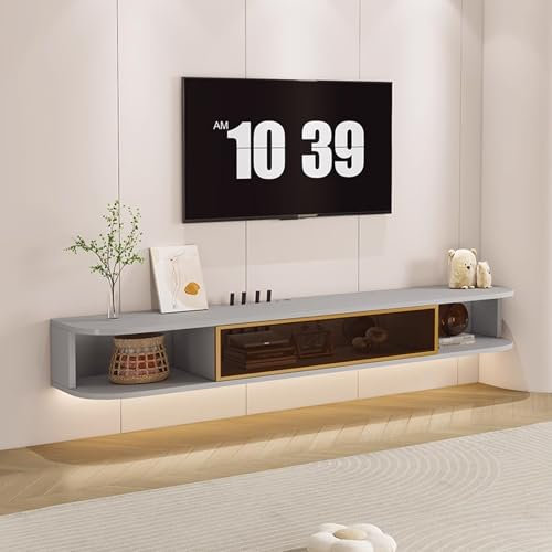 DEOPXF Floating TV Stand Suspension Design Save Space Tempered Glass Door Flip Down Cabinet Doors TV Stand Rounded Corners Threading Hole Design(Light gray+gold frame,120cm)