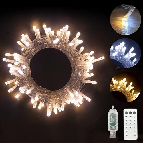 YUCHOI USB Powered LED Christmas Lights, Color Changing Warm to Multi String Fairy Lights On Clear Cable with Remote Control, for Indoor/Outdoor Xmas Tree Deco Party (100LEDs-10M)