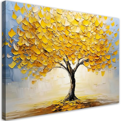 Feeby - Tableau sur Toile - Decoration Murale Peinture - Arbre doré Abstraction Peint - 90x60 1partie - Chambre Toiles Intissé - Tableaux chambre à coucher - Decoration Chambre