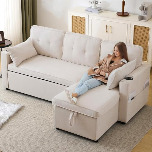 Divano letto con funzione letto, divano a L, design moderno, mobili imbottiti, divano, poltrona lounge con spazio di archiviazione, con portabicchieri, divano letto per soggiorno, intercambiabile a