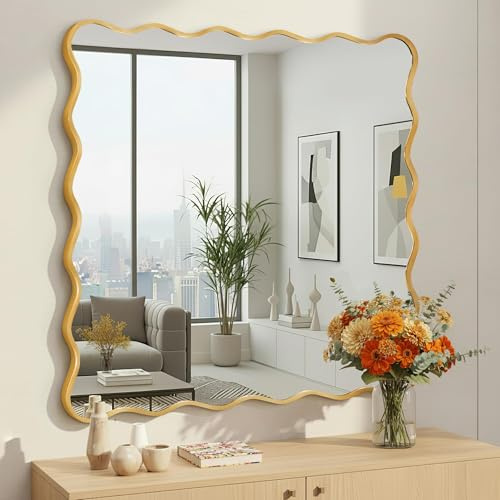 Fahomiss Wavy Rechteckiger/Quadratischer Wandspiegel mit gebürstetem Aluminiumrahmen & gehärtetem Sicherheitsglas für Badezimmer, Flur & Wohnzimmer