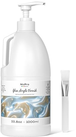 Nicpro Gloss Varnish for Acrylic Painting with Pump (33.8oz,1000 ml), Non-Yellowing, Non-Toxic, Anti-Crazing, Clear Acrylic Varnish for Artist, Hobby Painter on Canvas Artwork, Wood, High Gloss Finish