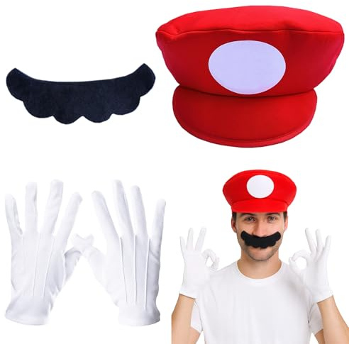 GWAWG M Red Foam Hat Cap and a Beard Fancy Dress Up Adults Halloween Set Men Women Adult Outfit Costume for Christmas Carnival