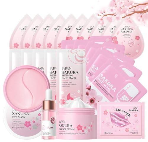 Sakura Gesichtspflege Set 24pcs Japan Skincar,Schlammmaske,Collagen Maske,Niacinamide Serum,Hyaluronsäure Gesichtscreme,Cleanser,Toner,Augenmaske,Lippenmaske,für Gesicht Reinigung,Muttertagsgeschenk