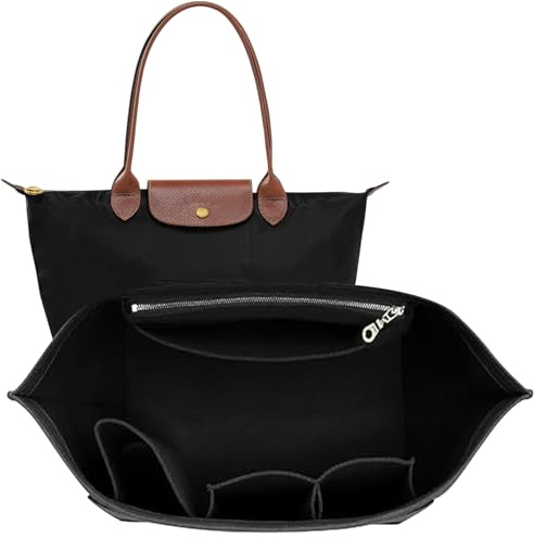 Doxo Purse Organizer Insert for Longchamp Le Pliage Tote, Large Bag Organizer with 8 Compartments, YKK Zipper Pocket Cup Holder, Handbag Shaper for Women, Fits Original/Green/Energy L Tote (Black, WL)
