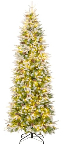 COSTWAY Arbol de Navidad Nevado 225 cm, 350 Luces Incorporadas, Arbol de Navidad Slim/Estrecho, 913 Ramas de PVC y PE, 75 Piñas, Arvore de Natal Hogar Oficina Fiesta (225cm)