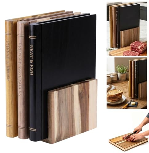 Wooden Chopping Board Set with Storage Bracket, Decorative Cutting Boards | Decorative Book Design Cutting Boards for Meat, Vegetables and Bread - Kitchen Utensils & Durable Kitchenware