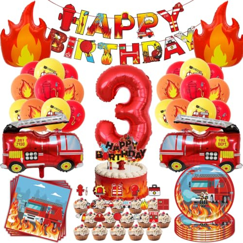 Dncvb Lot de 3 décorations d'anniversaire motif pompiers avec bannière, serviettes, assiettes en carton, ballon, décoration de gâteau
