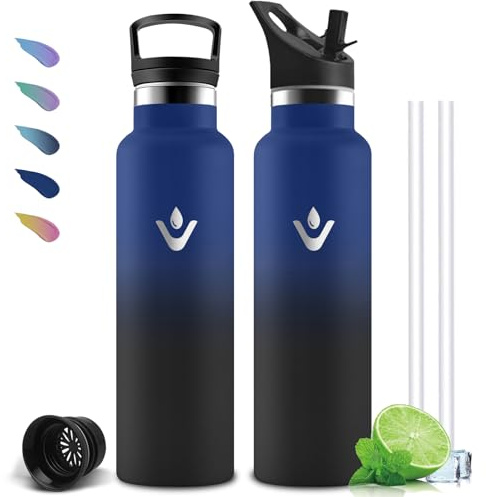 Thermosflasche- 1l- Trinkflasche Edelstahl, Trinkflasche Sport, BPA-Frei, Wasserflasche Doppelwandig, Flasche mit Strohhalm, Leicht zu Reinigen, für Wandern, Yoga, Fitness, Camping