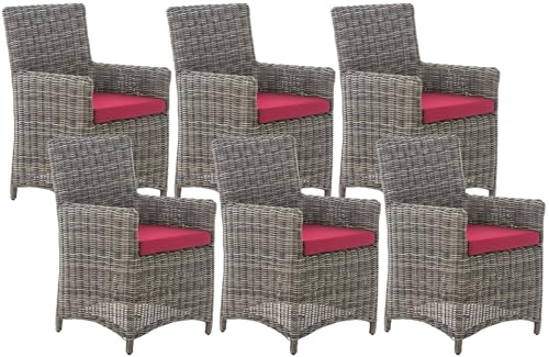 CLP Gartenstuhl 6er Set Fontana, Polyrattan Gartenstühle, Hochlehner mit Sitzkissen, Wetterfeste Garten-Sessel mit Armlehnen, Outdoor Stuhlset, Farbe:grau-meliert, Polsterfarbe:Rubinrot