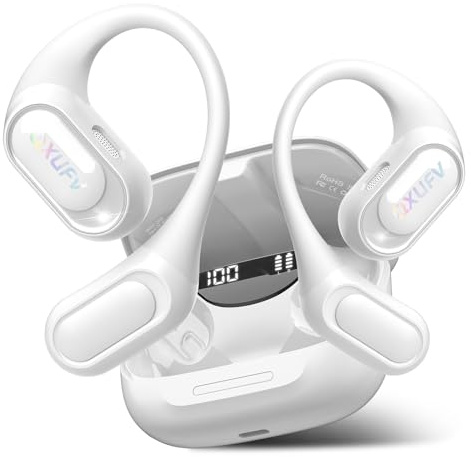 Open-Ear Headphones, Bluetooth 5.4 Wireless Earbuds Deep Bass, 48H True Wireless Bluetooth Earphones with Mic, Adjustable Earhook Open Ear Earbuds, IPX7 Waterproof Earphones for Running/Fitness, White