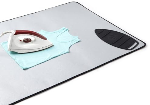 Encasa Homes Ironing Mat/Pad - Metallic Silver (Large 120 x 70 cm) with 5mm Foam Padding & Silicone Iron Rest for Steam Pressing on Tabletop or Bed - Heat Reflective, Portable, Quilting