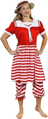 Ladies Victorian Swimsuit Fancy Dress - 1920s Womens Bather Costume With Straw Boater Hat for Summer (UK 18-20)