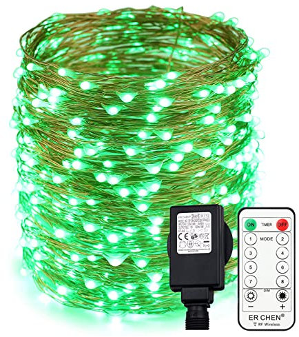 Erchen Strom-betrieben LED Lichterkette, 165 FT 500 LED 50M Stecker dimmbare Kupfer Draht Lichterketten mit 12V DC Adapter Fernbedienung für Innen Außen Weihnachten Party (Grün)
