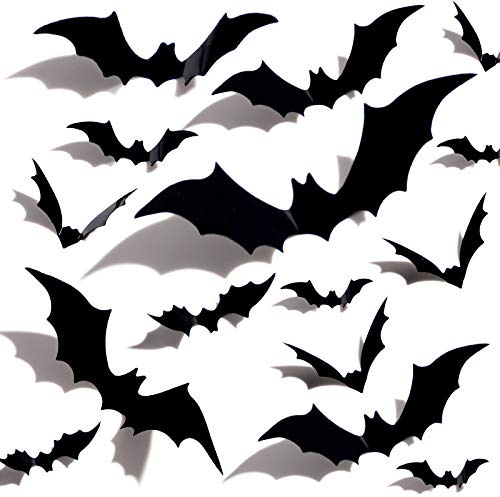 FFNIU Halloween 3D Fledermaus-Dekoration Wandaufkleber 4 Verschiedene Größen Fledermaus-Aufkleber Deko Kunst Dekoration 60Pcs schwarz