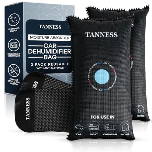 Tanness Set of 2 x 1kg Car Dehumidifier Bags with Anti-Slip Pads - Essential Accessories, Moisture Absorber, Reusable, Recharges in Microwave - Multipurpose for Car, Home, All Spaces & Vehicles