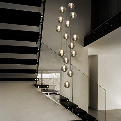 CBJKTX Pendelleuchte Treppenhaus Pendellampe Wohnzimmer - 15 Flammig Modern Esstisch Hängeleuchte Höheverstellbar aus Glas Wohnzimmerlampe für Galerie Ballsaal Villa Flur Esstisch Küche (Rauchgrau)