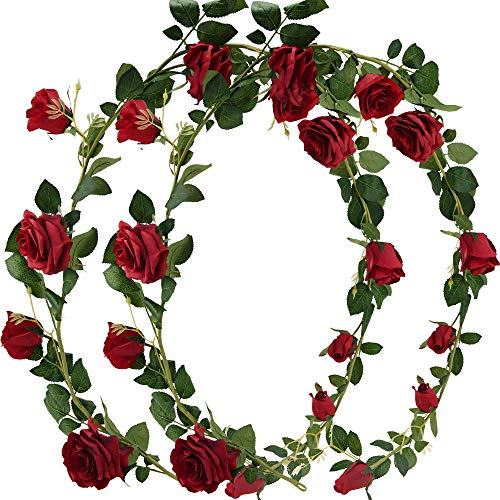 FiveSeasonStuff 2 Pcs Bendable Flower Garland Artificial Silk Rose Vine Leaves (3.5 metres) Hanging Face Flowers for Wall Decoration, Wedding, Bridal, Wreaths (Red)