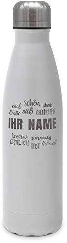 printplanet - Isolierte Trinkflasche mit Text oder Namen graviert - Edelstahl Thermo-Flasche mit Gravur, 500ml - Weiß - Motiv: Positive Eigenschaften