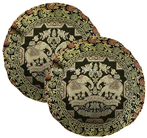 Stylo Culture Indische Dekorativ Brokat Seide Couch Kissenbezüge 43x43 cm Schwarz Dekokissen Jacquard-Plissee-Bordüre Schlafzimmer Sofa Kissen Bezüge Elefant Runden Kissenhullen - 2 STK.