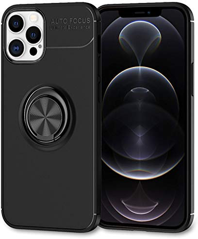 NALIA Ring Handyhülle kompatibel mit iPhone 12 Pro Max Hülle, Silikon Cover mit 360-Grad Finger-Halter für magnetische KFZ-Halterung Schutzhülle Phone Case Handy-Tasche Etui Bumper, Farbe:Schwarz