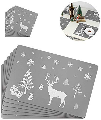12-teiliges Weihnachts-Tischset-Set, 6 Weihnachtstischmatten und 6 Tassenmatten mit Weihnachtselch-Muster für Weihnachts-Esstischdekorationen (grau)