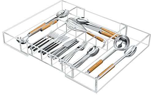 NIUBEE Acrylic Kitchen Drawer Organizer for Flatware and Utensils, Expandable Silverware Organizer and Cutlery Tray for Kitchen, Office,Bathroom Supplies, Clear 21