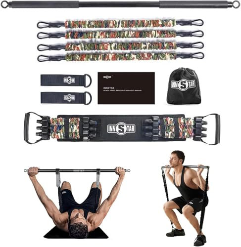 INNSTAR Portable Home Gym Set with Workout Bar, Bench Press Set, Squat Resistance Band, Door Anchor and More-Full Body Workout Equipment to Build Muscle and Shape Body(Camo Green-150lbs)