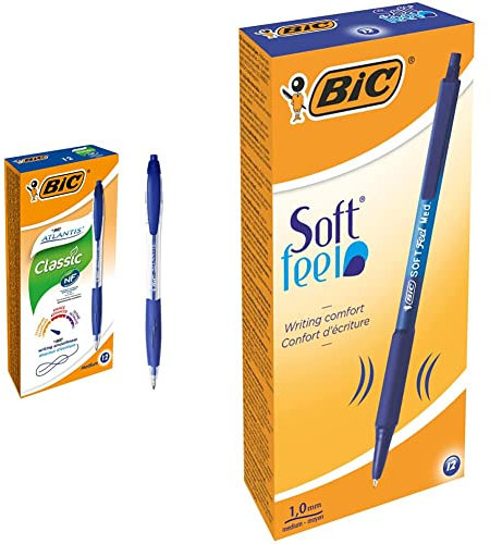 BIC Kugelschreiber Set Atlantis Classic, in Blau, Strichstärke 0,4 mm, nachfüllbar, 12er Pack & Kugelschreiber Set Soft Feel Grip, in Blau, Strichstärke 0,4 mm, 12er Pack