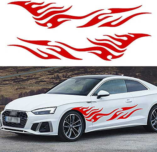 TOMALL 2 Stück 80 Zoll Flamme Grafik Karosserie Seite Aufkleber Flamme Racing Sport Streifen Aufkleber für Auto Universal Vinyl Wasserdicht Aufkleber Dekoration Zubehör für Auto LKW SUV Off-Road (Rot)