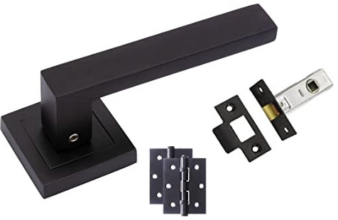 Golden Grace Delta Door Handles on Square Rose in Stunning Matte Black Finish Complete with 1 Pair of 3 Ball Bearing Hinges & 64mm Tubular Latch - 1 Pair