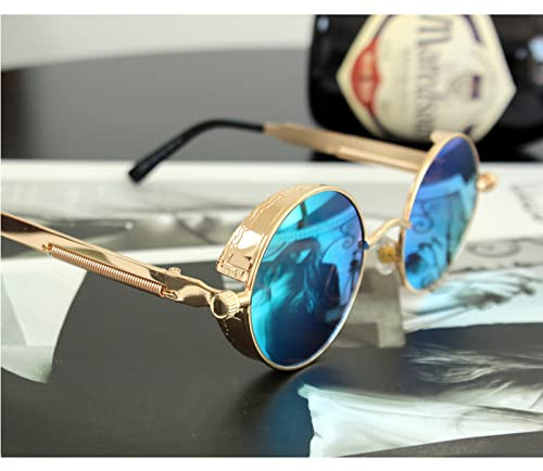Vintage-Sonnenbrille mit rundem Rahmen, Tee, Herren und Damen, Kettenbrille, Steampunk-Sonnenbrille, geeignet für Reisen, Reitpartys, Strandbekleidung und andere Outdoor-(Color:Blau)