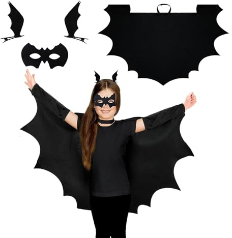 JSRHEEM Cape de Costume Chauve-Souris, Chauve-Souris de Vampire Cape, Costume de Chauve-Souris, avec Masque de Chauve-Souris et Clips Diable Wing Cheveux, pour Garçons Filles
