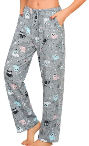 ENJOYNIGHT Damen Schlafanzughose Lang Baumwolle Pyjamahose Print Schlafhose Freizeithose mit Taschen und Kordelzug (Large,Graue Eule)