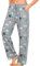 ENJOYNIGHT Damen Schlafanzughose Lang Baumwolle Pyjamahose Print Schlafhose Freizeithose mit Taschen und Kordelzug (Large,Graue Eule)