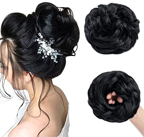 Rich Choices Haarteil Echthaar mit Gummiband, VOLUMINÖS Dutt Haarteil, Haargummi mit Haarn, Hair Bun, 55g Dunkelschwarz