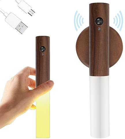 Aufladbar Holz Wandleuchte, Innen-Nachtlicht mit Bewegungssensor, Magnetische Wiederaufladbare Kabellose Batterie-Wandleuchten mit Schalter für Schlafzimmer, Flur, Treppenhaus, Kinderzimmer (1pc)