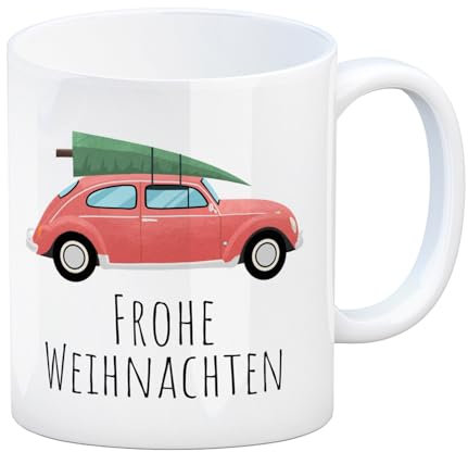 Frohe Weihnachten Auto mit Tannenbaum Kaffeebecher schöne Tasse für die Weihnachtszeit mit Automotiv retro Kaffeetasse Weihnachtsbaum lustig witzig Weihnachtsfest