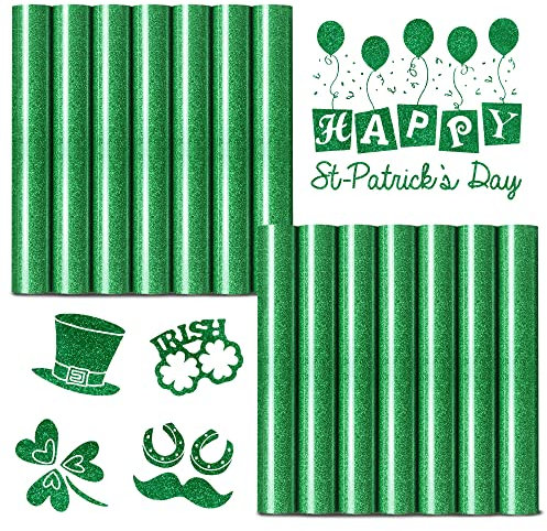 Green Glitter Heat Transfer Vinyl HTV,14 Pack 12x10 Iron On Vinyl for Cricut, Easter Decorations for Shirts Dress, 14 Sheets Green Colors HTV Glitter Heat Press Vinyl