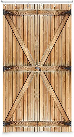 SDOTPMT 90x180cm Rideau de Douche Porte Grange en Bois Ferme Rustique Brun Panneau en Bois Rideau Douche Rustique Ferme Minimaliste Rideau de Douche Salle Bains décoration avec Crochet