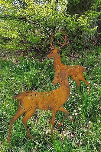 KUHEIGA 2er Set Gartenstecker REH + Hirsch Tier Metall Rost Höhe: 82, 100cm Gartenfigur Gartendeko