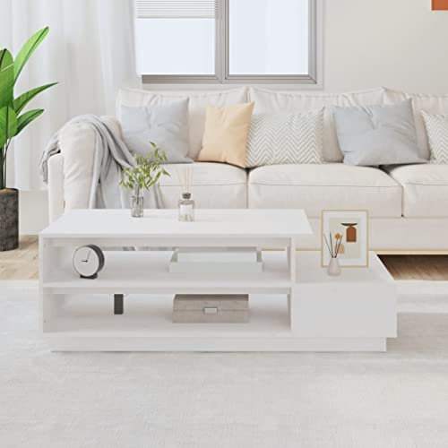 Higsose Couchtisch Weiß 120x50x40,5 cm Massivholz Kiefer Wohnzimmertisch Sofatisch Telefontisch Beistelltisch Couchtisch mit Stauraum für Schlafzimmer Wohnzimmer Einfaches & Elegantes Aussehen