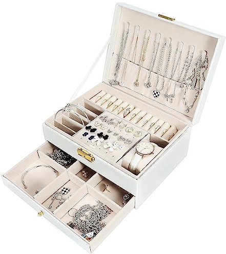 Leerweii Schmuckkästchen Mädchen, 2 Ebenen PU-Leder Schmuckaufbewahrung mit Schublade, Schmuckschatulle Mädchen Schmuckbox für Ringe, Ohrringe, Halsketten und Uhren, mit Schloss und Schlüssel, Weiß